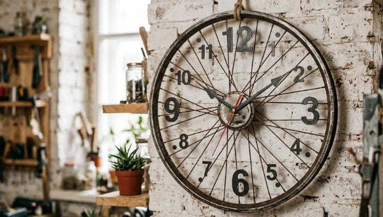 Ejemplo de reloj de pared fabricado con rueda de bicicleta