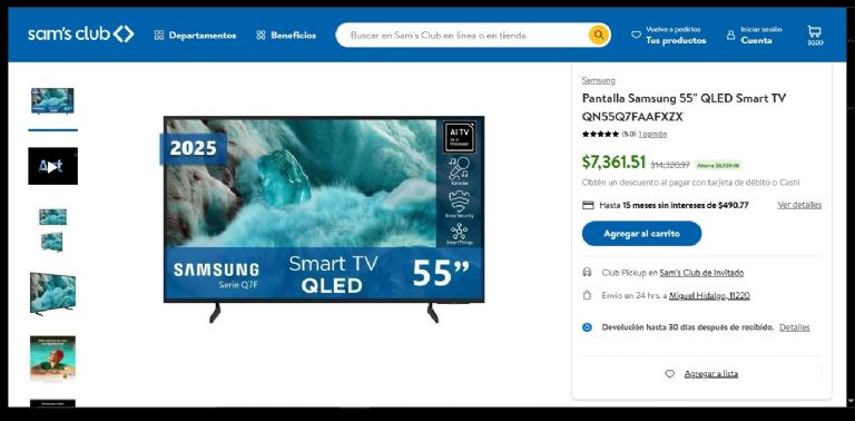 Detalle de la oferta y financiamiento de televisores en Sam's Club