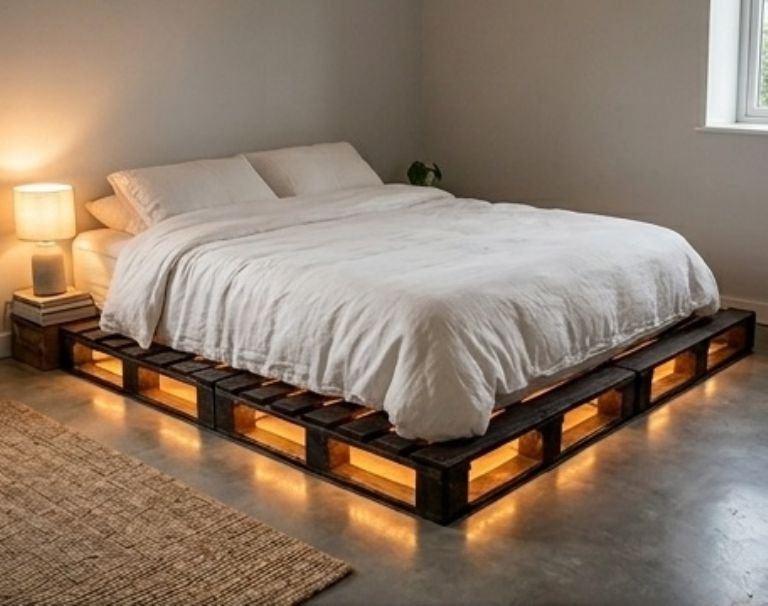 Base de cama DIY hecha con palets y luces LED