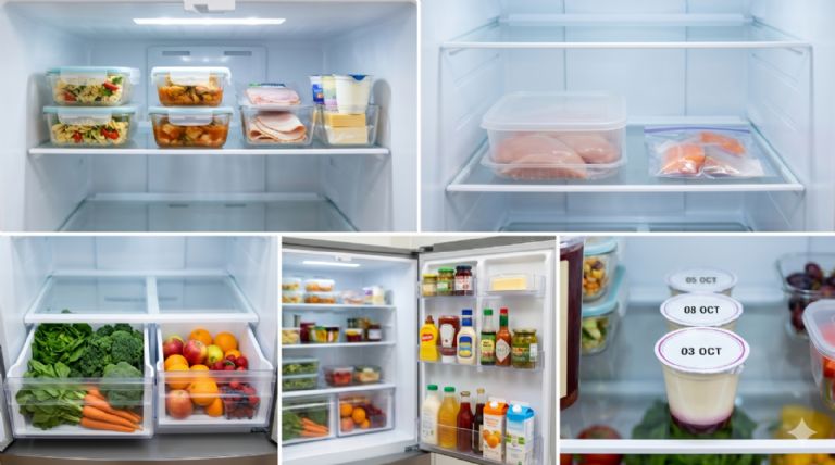 Alimentos preparados en el estante superior del frigorífico