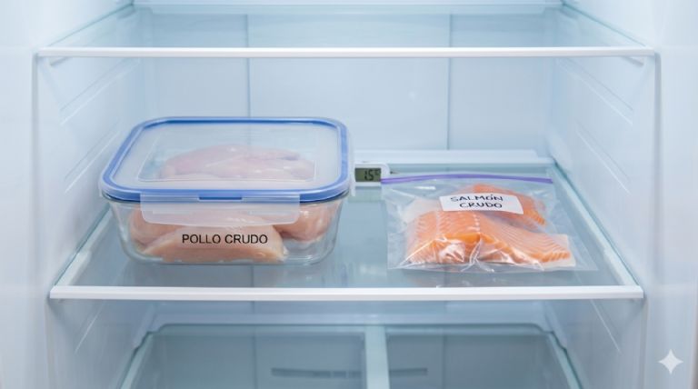 Carnes y pescados crudos en la base del frigorífico