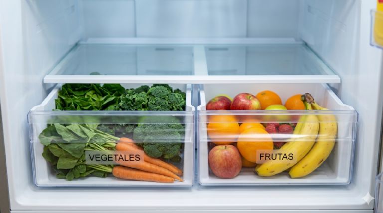 Cajones de frutas y verduras en el frigorífico