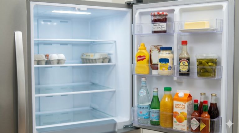 Puerta del frigorífico con condimentos y bebidas