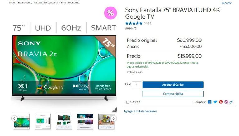 Pantalla Sony BRAVIA II en oferta en Costco
