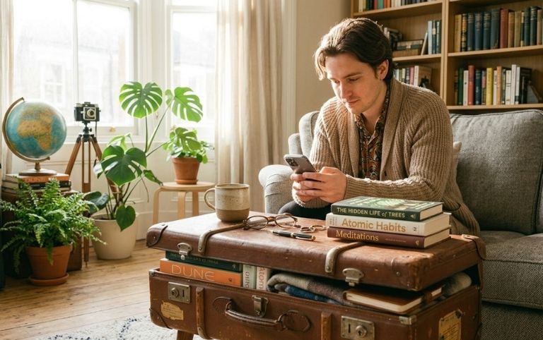 Detalle de maletas apiladas como decoración