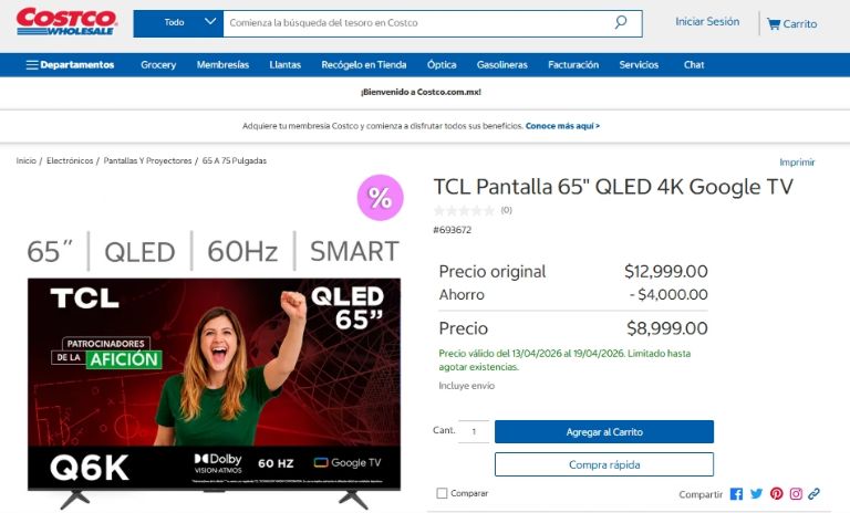 Imagen del televisor TCL 65Q6K mostrando su diseño