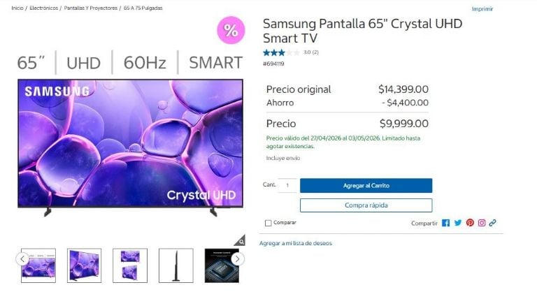 Oferta pantalla Samsung Costco Mayo