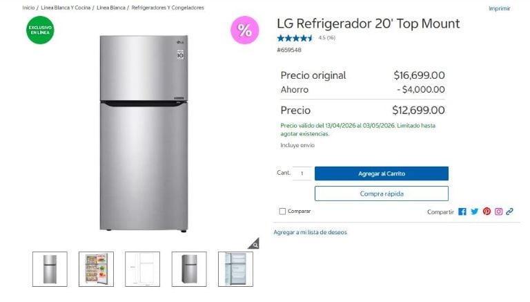 Oferta refrigerador LG Costco Mayo