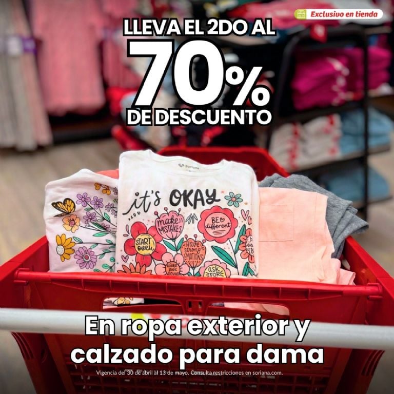 Soriana: 2da prenda/zapato 70% dto.
