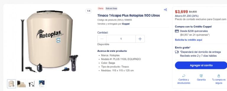Vista detallada del almacenador de agua Rotoplas tricapa plus