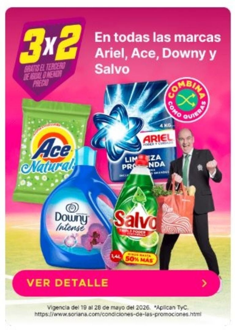 Promoción 3x2 en detergentes Soriana