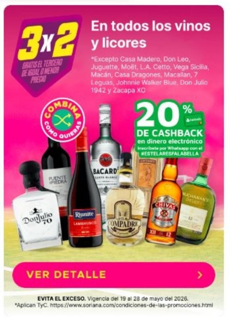 Promoción 3x2 en vinos y licores Soriana