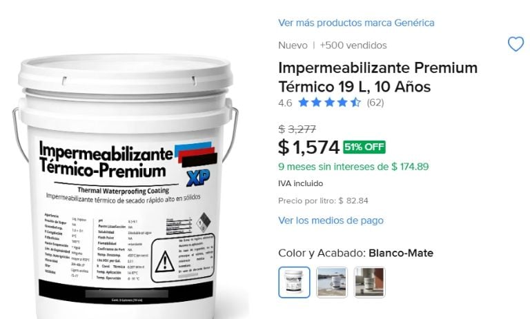 Detalle de producto de impermeabilizante térmico de 19 litros