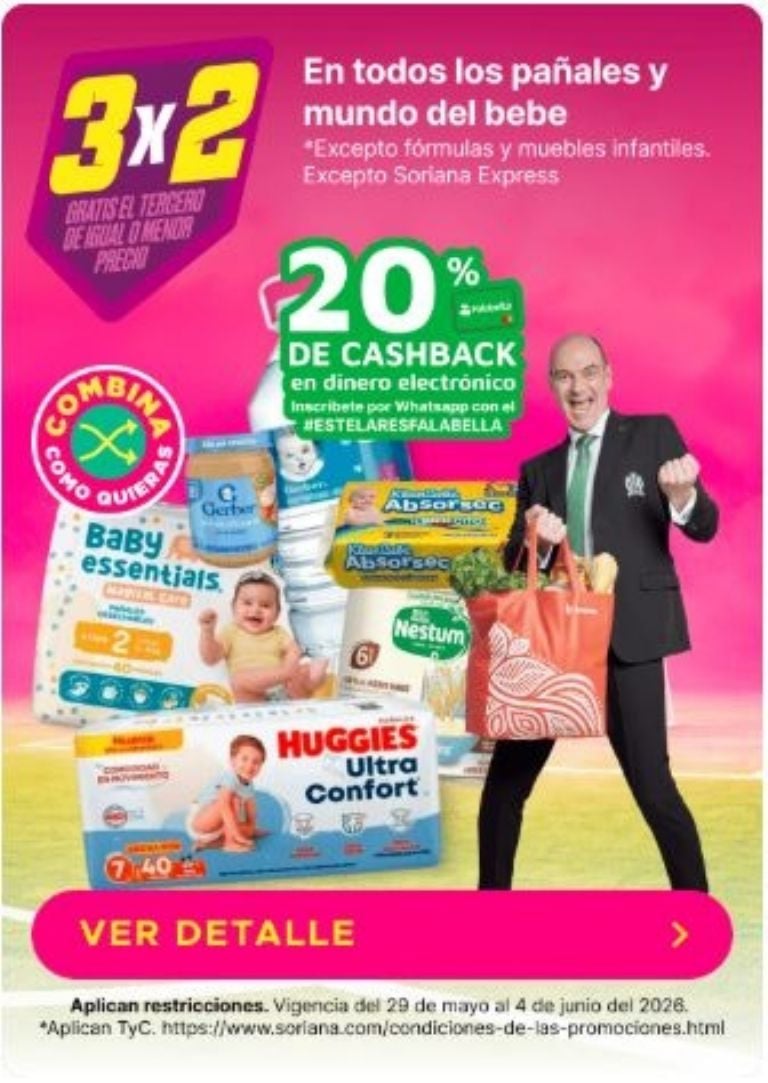 Promoción 3x2 pañales y bebé Soriana Julio Regalado