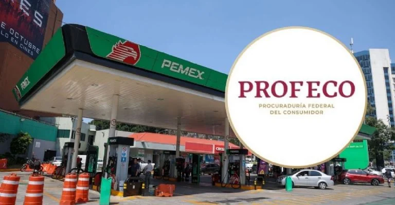 Inspección de Profeco en una gasolinera para verificar precios y despacho de combustible.
