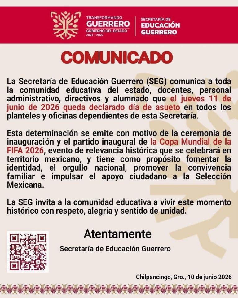 11 junio: No hay clases en Guerrero por Mundial 2026.